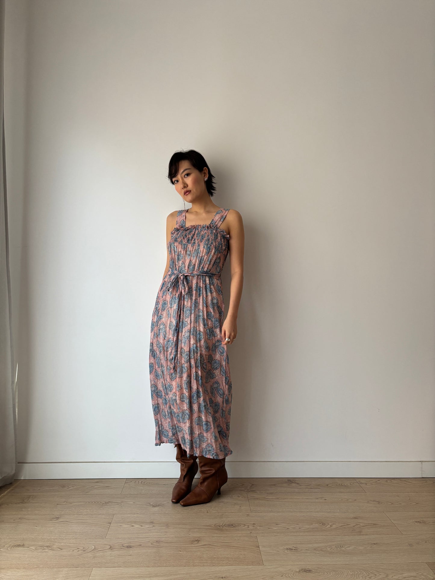 1930s Blue Pink Floral Silk Chiffon Dress