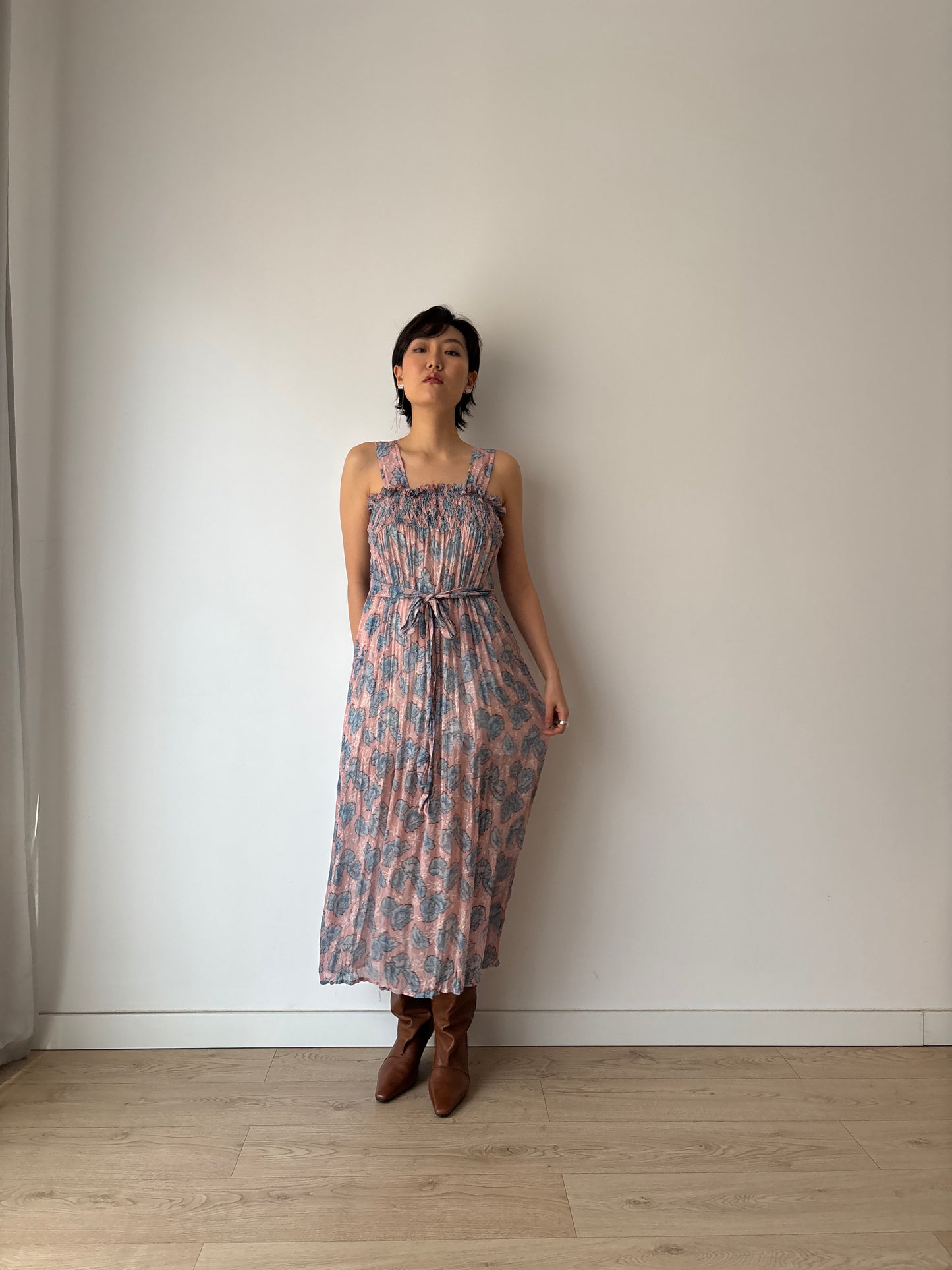 1930s Blue Pink Floral Silk Chiffon Dress