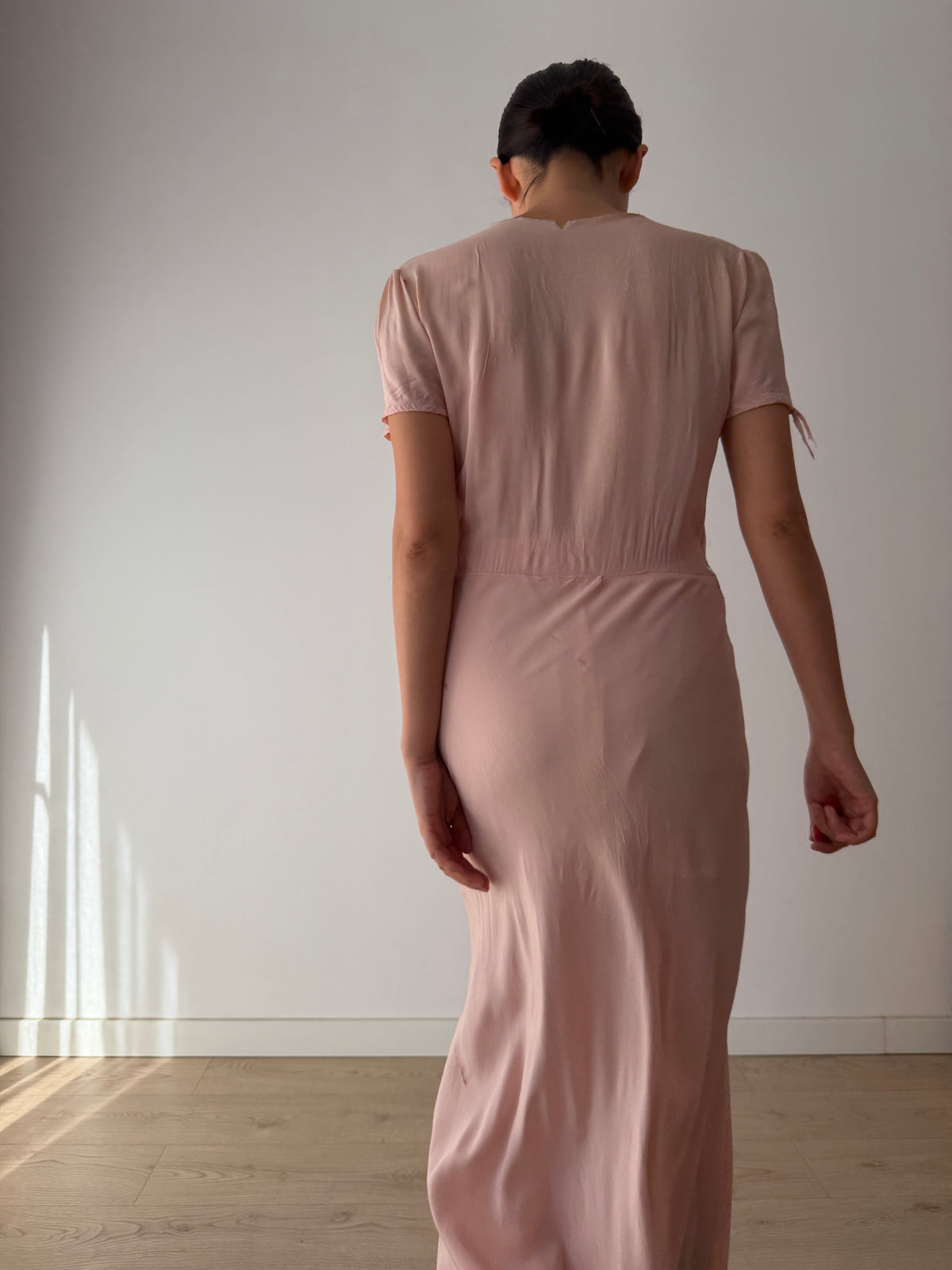 1940s Pink Silk Nightgown, Short Puff Sleeves and Embroidered Neckline, Vintage Maxi Dress