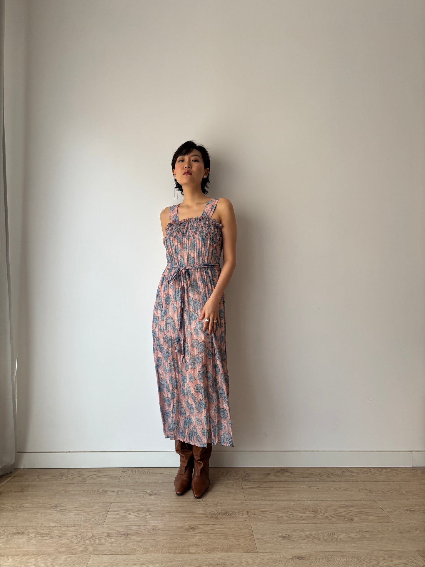 1930s Blue Pink Floral Silk Chiffon Dress