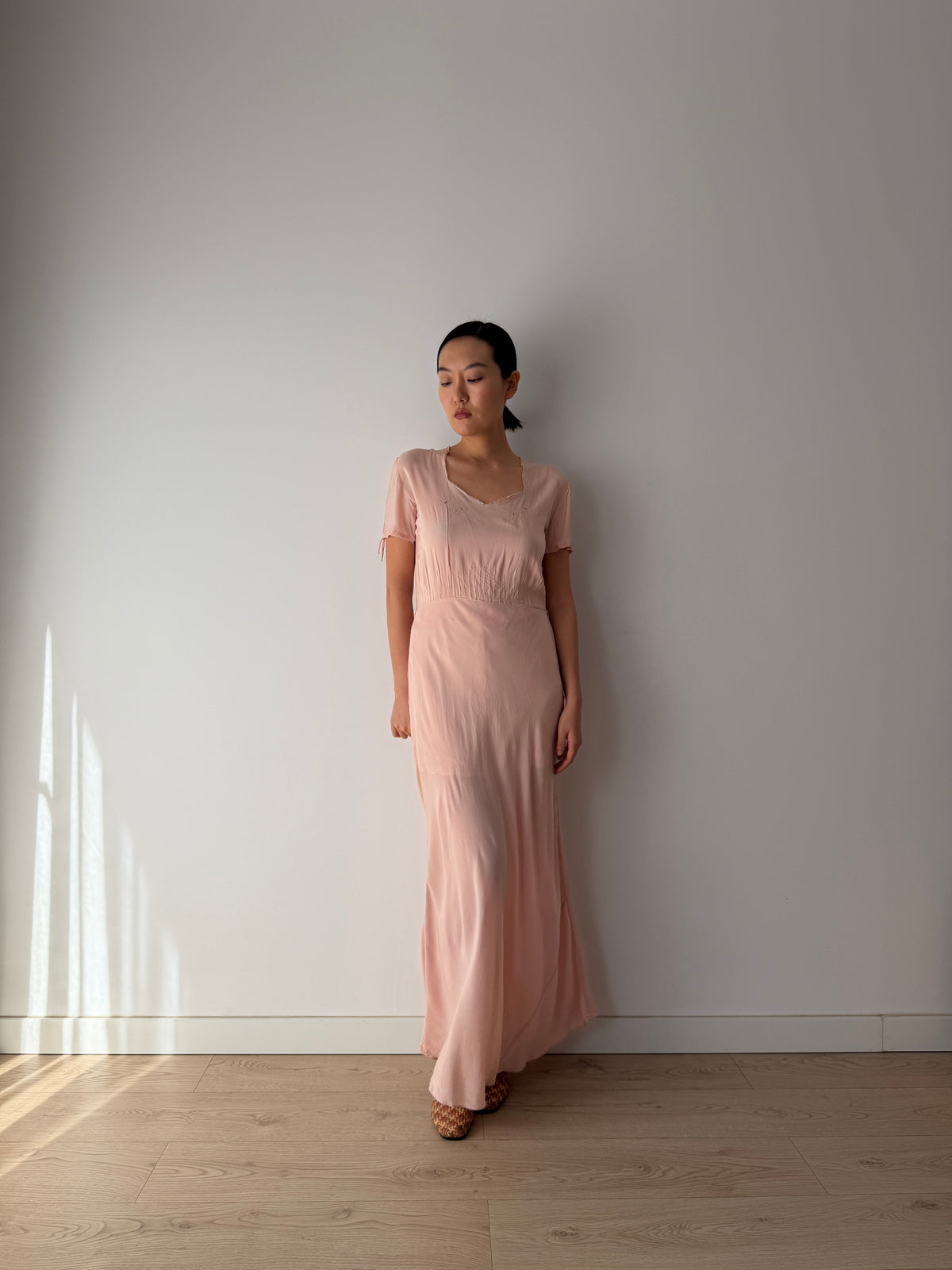 1940s Pink Silk Nightgown, Short Puff Sleeves and Embroidered Neckline, Vintage Maxi Dress