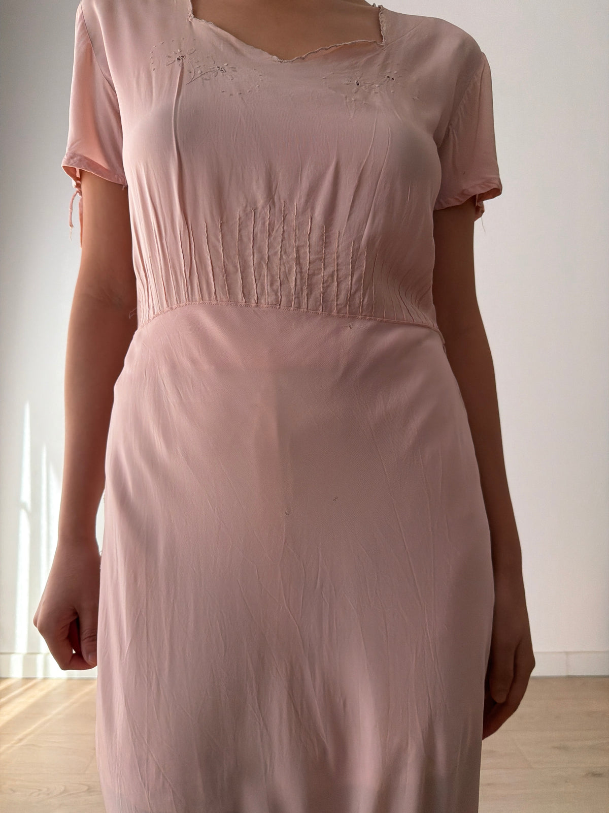 1940s Pink Silk Nightgown, Short Puff Sleeves and Embroidered Neckline, Vintage Maxi Dress