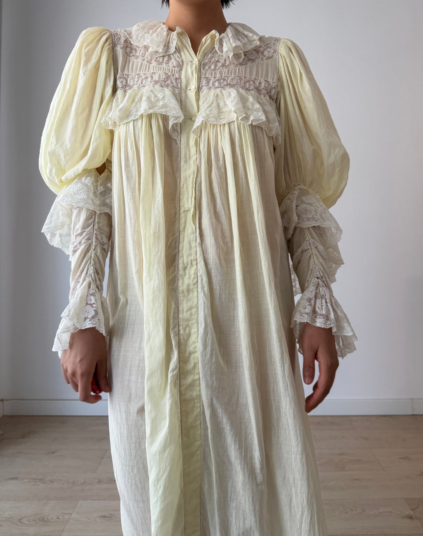 Antique 1900s 1910s Edwardian Cotton Yellow Nightgown with Leg-of-mutton Bishop sleeves and layered lace flounce cuffs