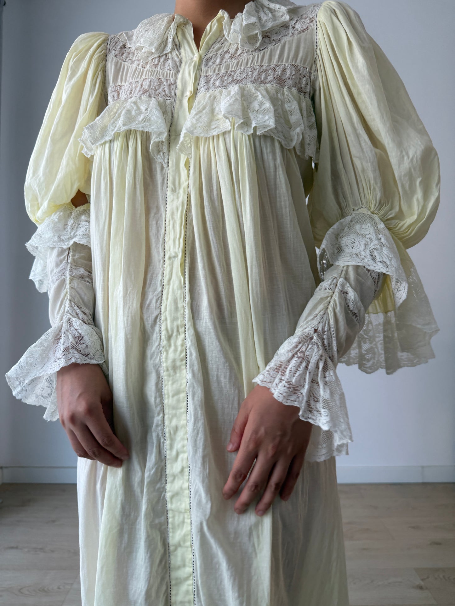 Antique 1900s 1910s Edwardian Cotton Yellow Nightgown with Leg-of-mutton Bishop sleeves and layered lace flounce cuffs