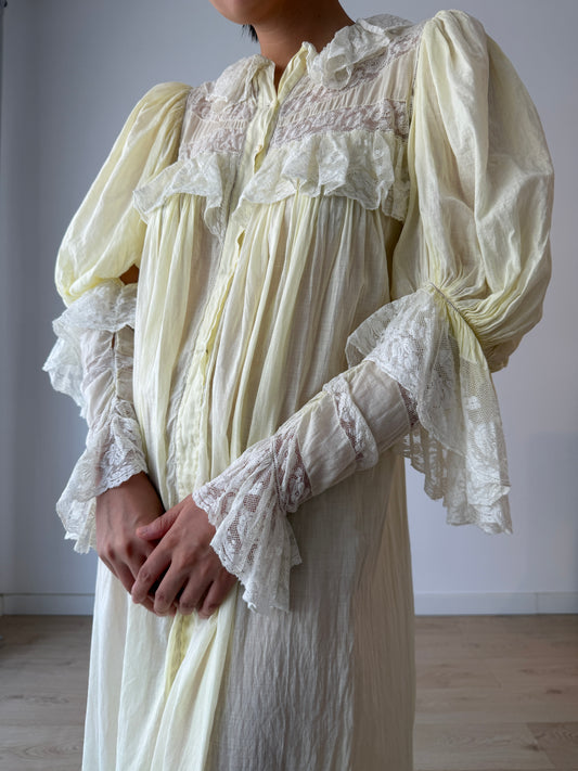 Antique 1900s 1910s Edwardian Cotton Yellow Nightgown with Leg-of-mutton Bishop sleeves and layered lace flounce cuffs