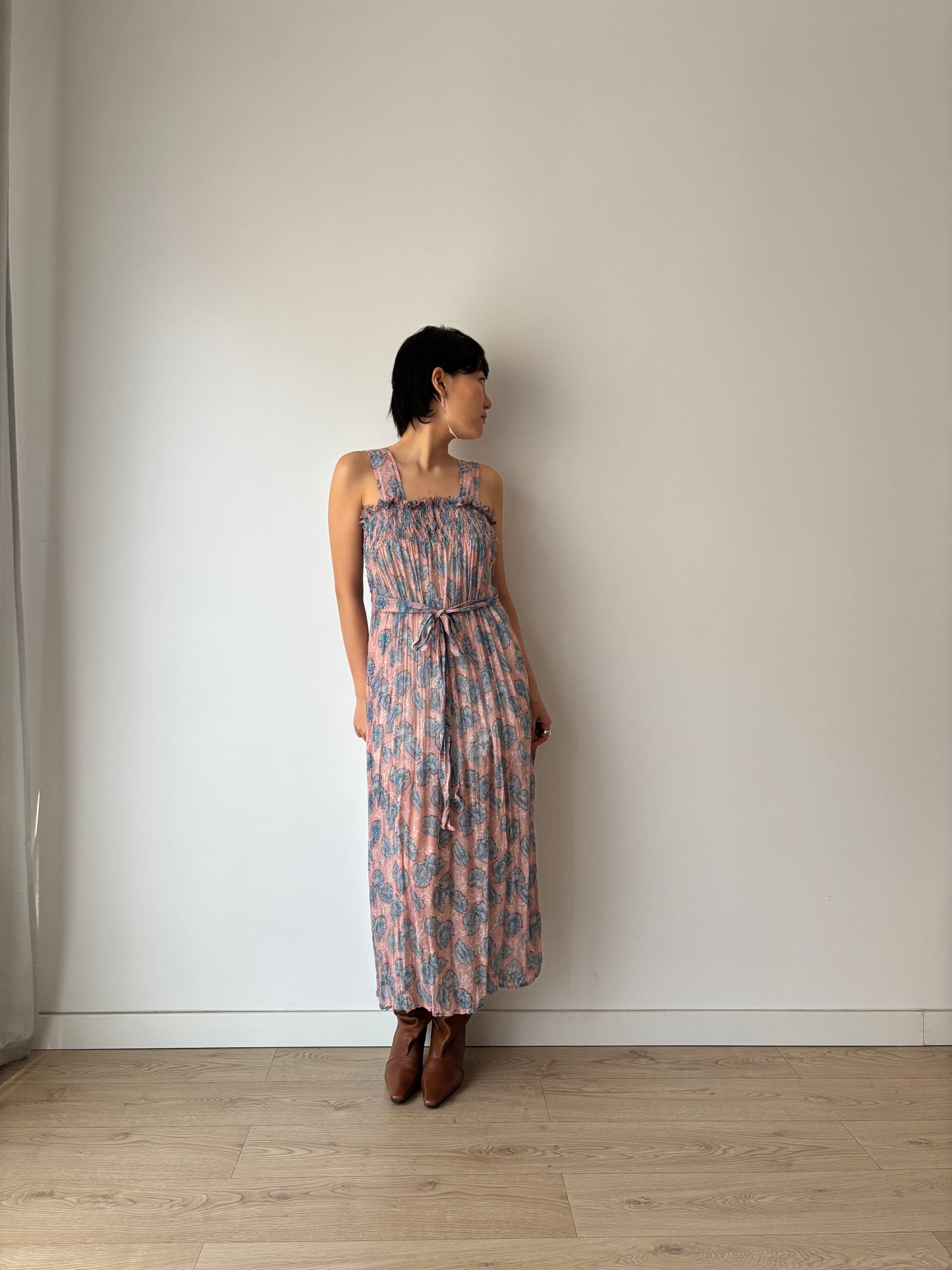 1930s Blue Pink Floral Silk Chiffon Dress