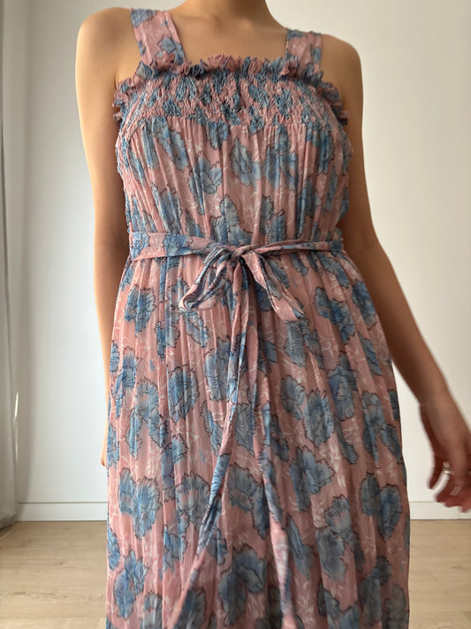 1930s Blue Pink Floral Silk Chiffon Dress