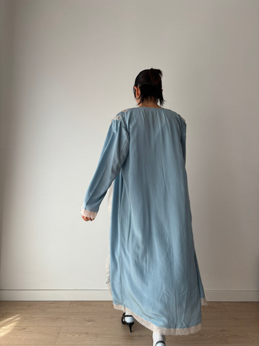 1950s 40s Blue Pure Silk Chiffon Nightgown 2 Piece Set / Robe and Slip Dress Lingerie Set,