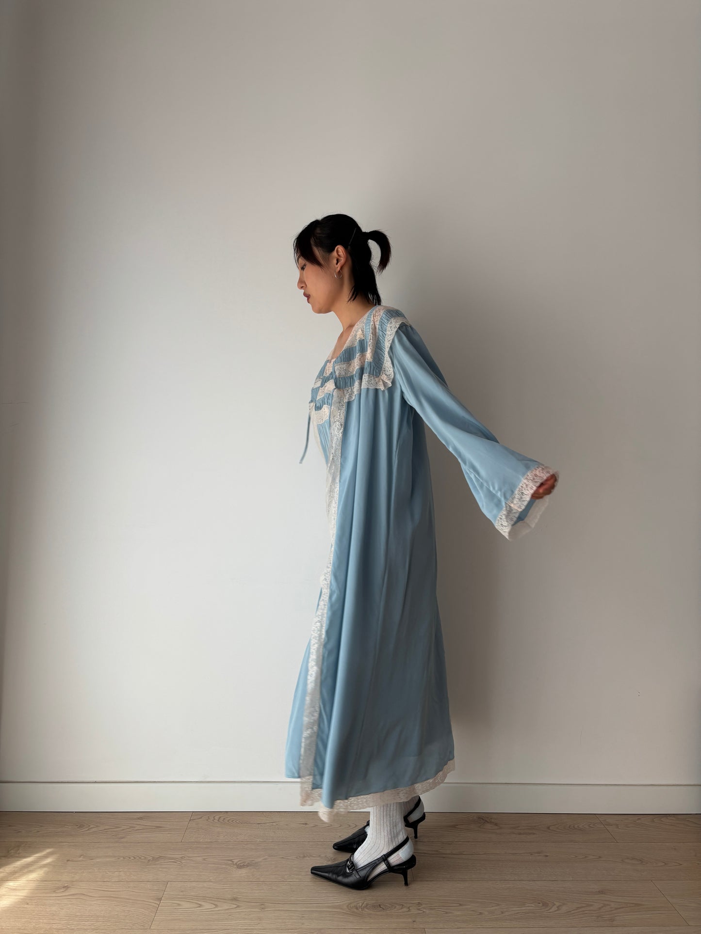 1950s 40s Blue Pure Silk Chiffon Nightgown 2 Piece Set / Robe and Slip Dress Lingerie Set,
