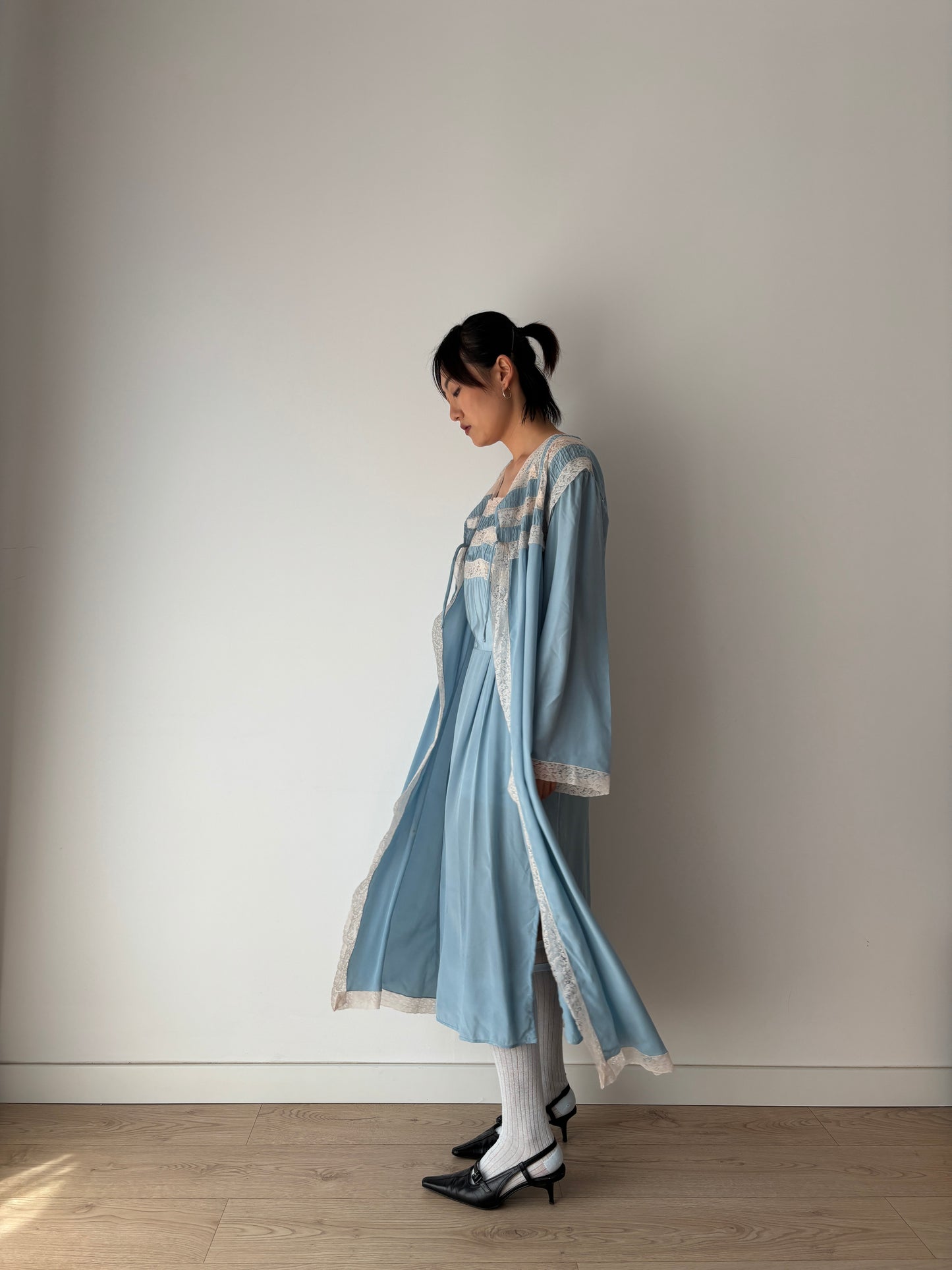 1950s 40s Blue Pure Silk Chiffon Nightgown 2 Piece Set / Robe and Slip Dress Lingerie Set,