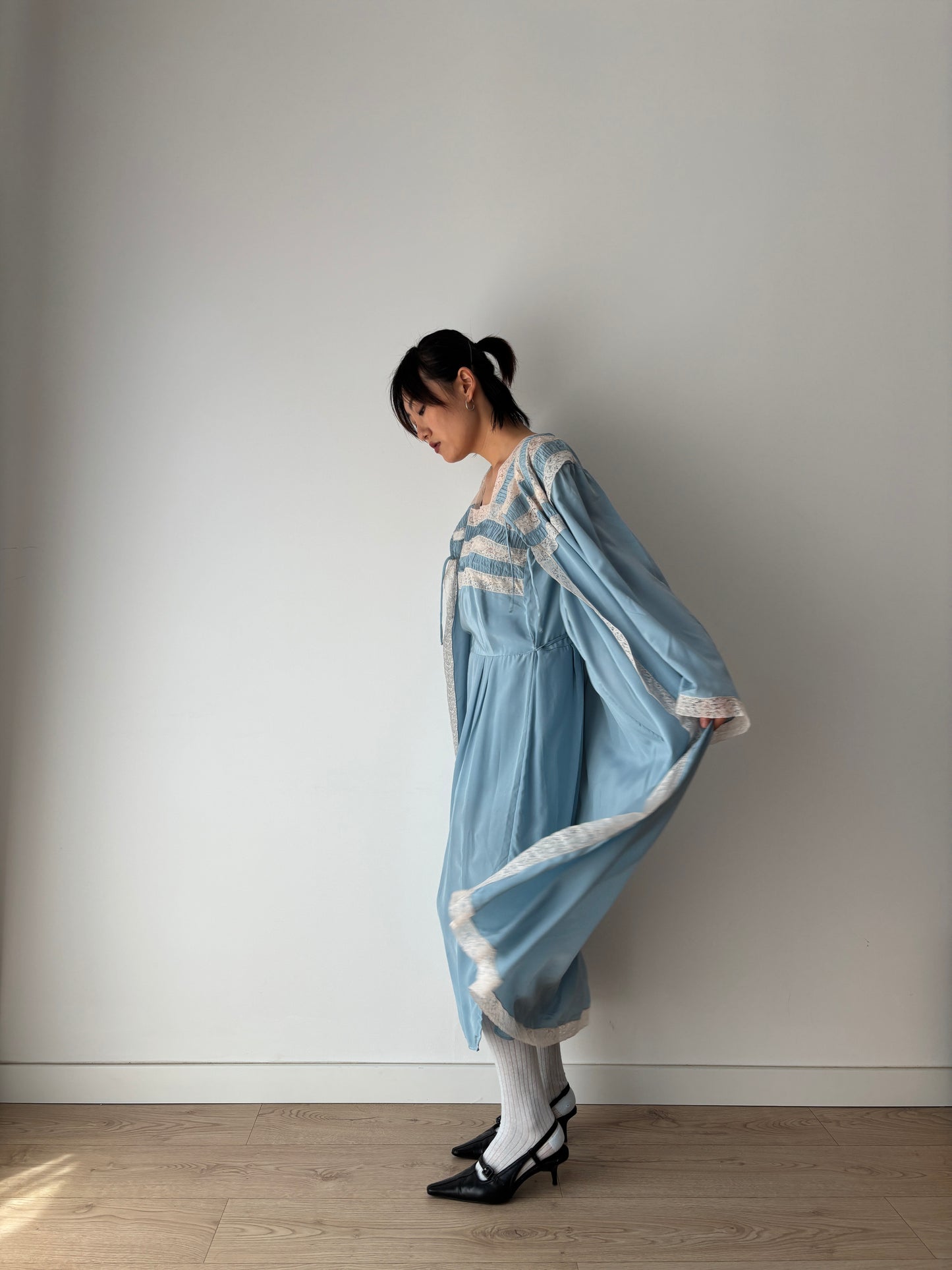 1950s 40s Blue Pure Silk Chiffon Nightgown 2 Piece Set / Robe and Slip Dress Lingerie Set,