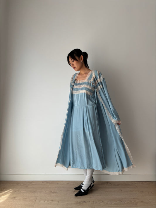 1950s 40s Blue Pure Silk Chiffon Nightgown 2 Piece Set / Robe and Slip Dress Lingerie Set,