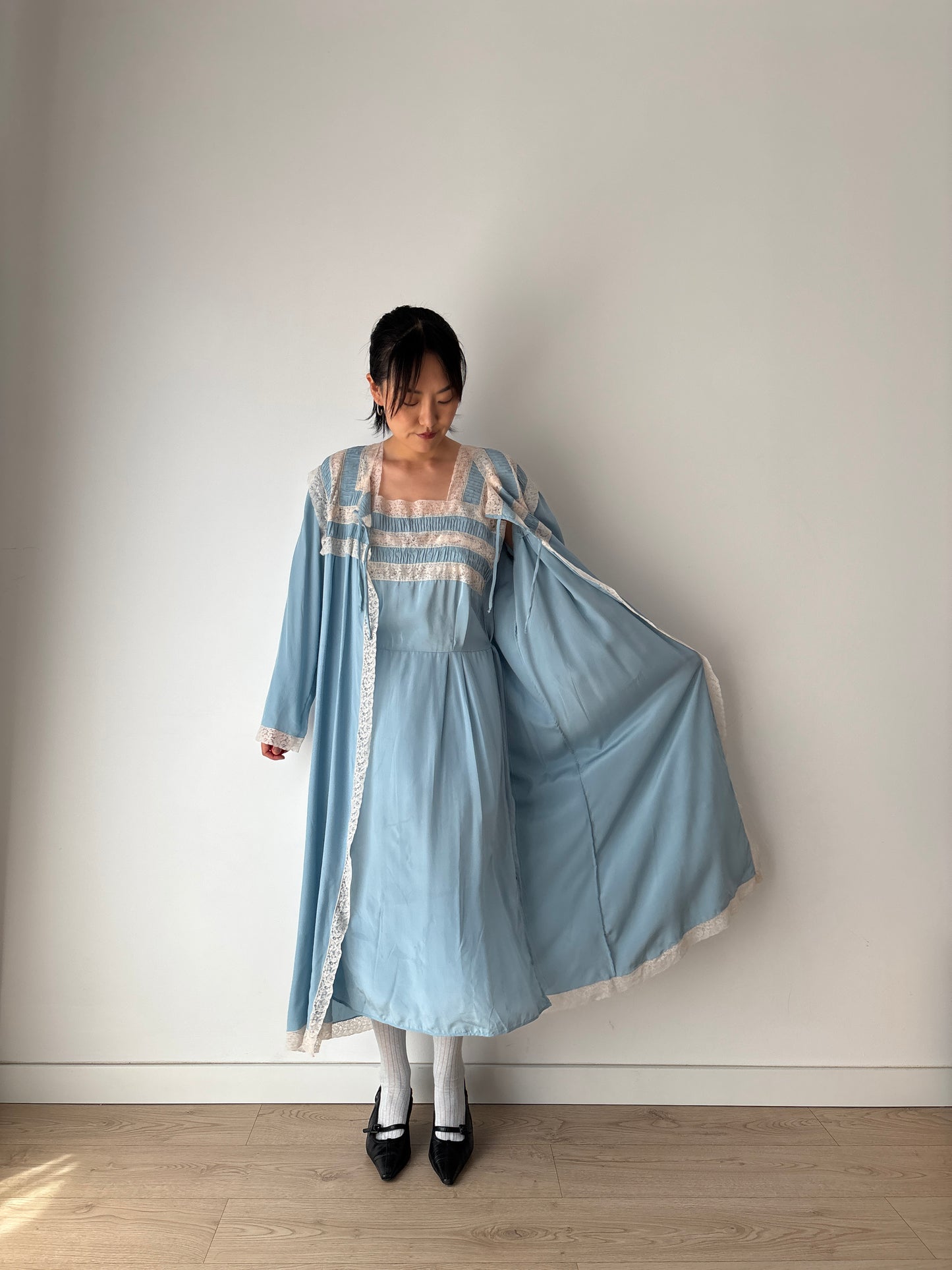 1950s 40s Blue Pure Silk Chiffon Nightgown 2 Piece Set / Robe and Slip Dress Lingerie Set,