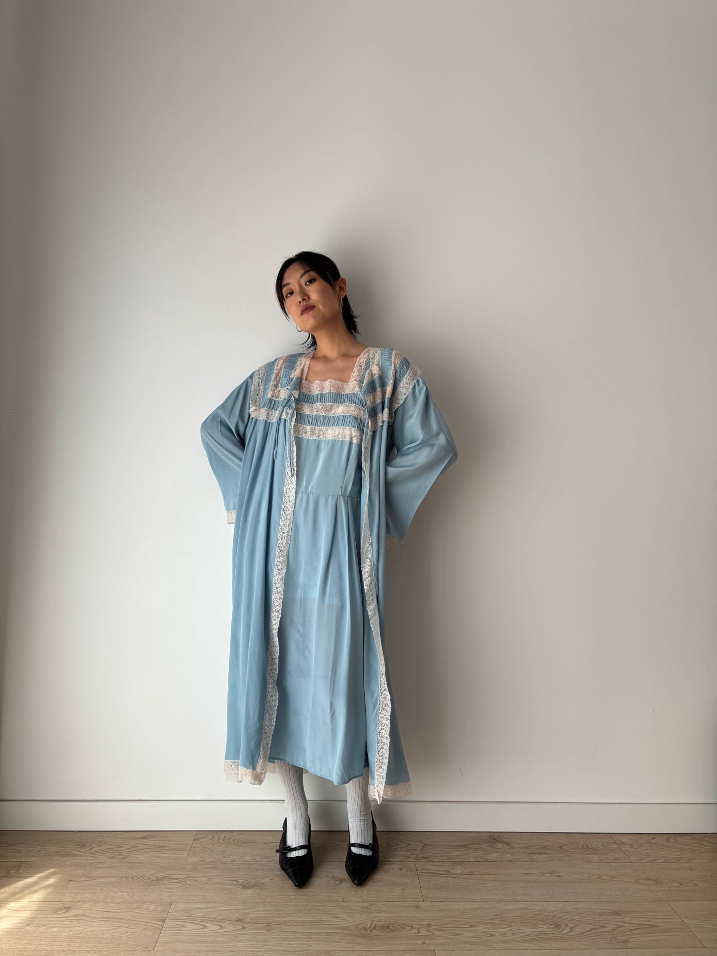 1950s 40s Blue Pure Silk Chiffon Nightgown 2 Piece Set / Robe and Slip Dress Lingerie Set,