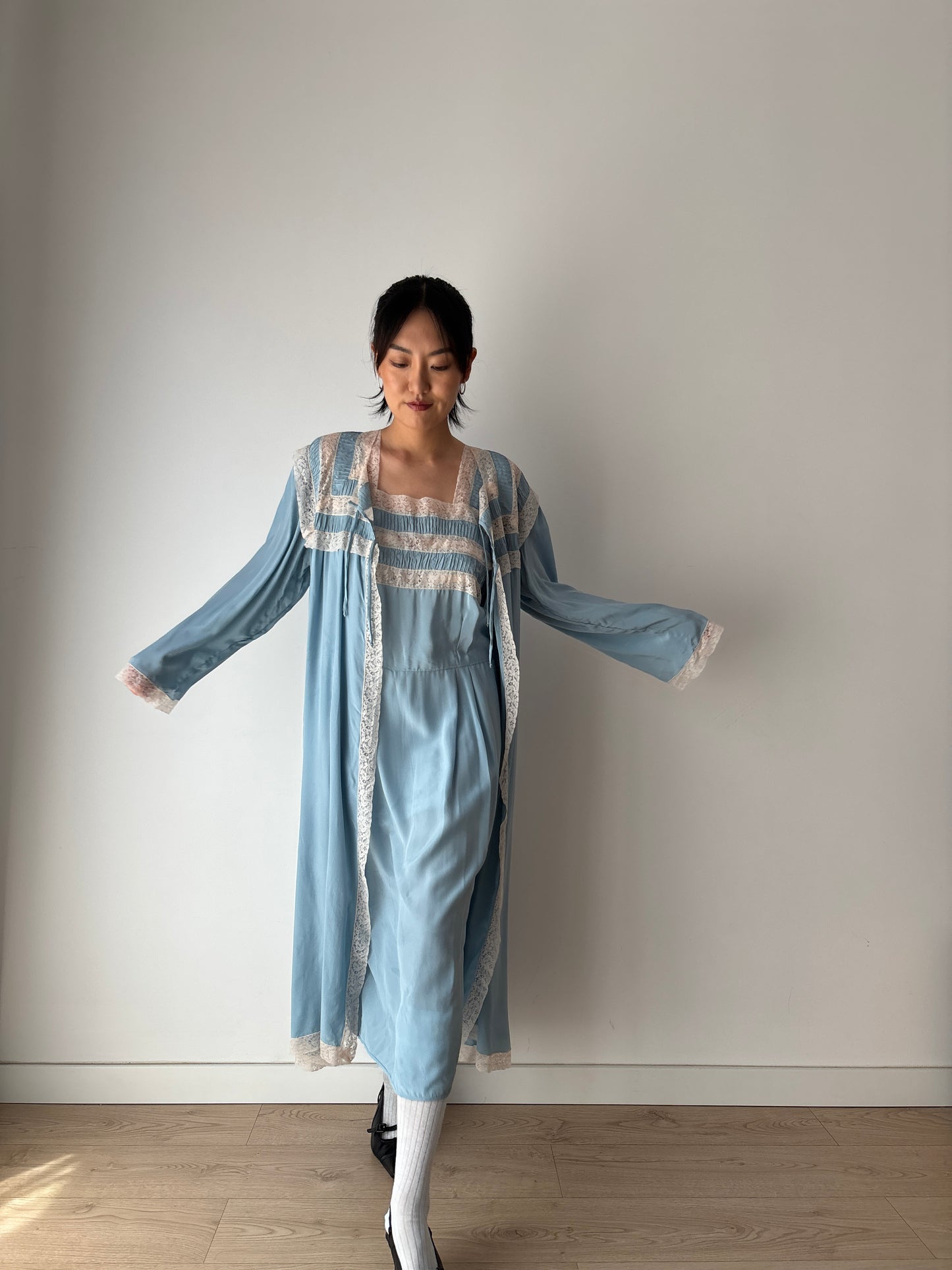 1950s 40s Blue Pure Silk Chiffon Nightgown 2 Piece Set / Robe and Slip Dress Lingerie Set,