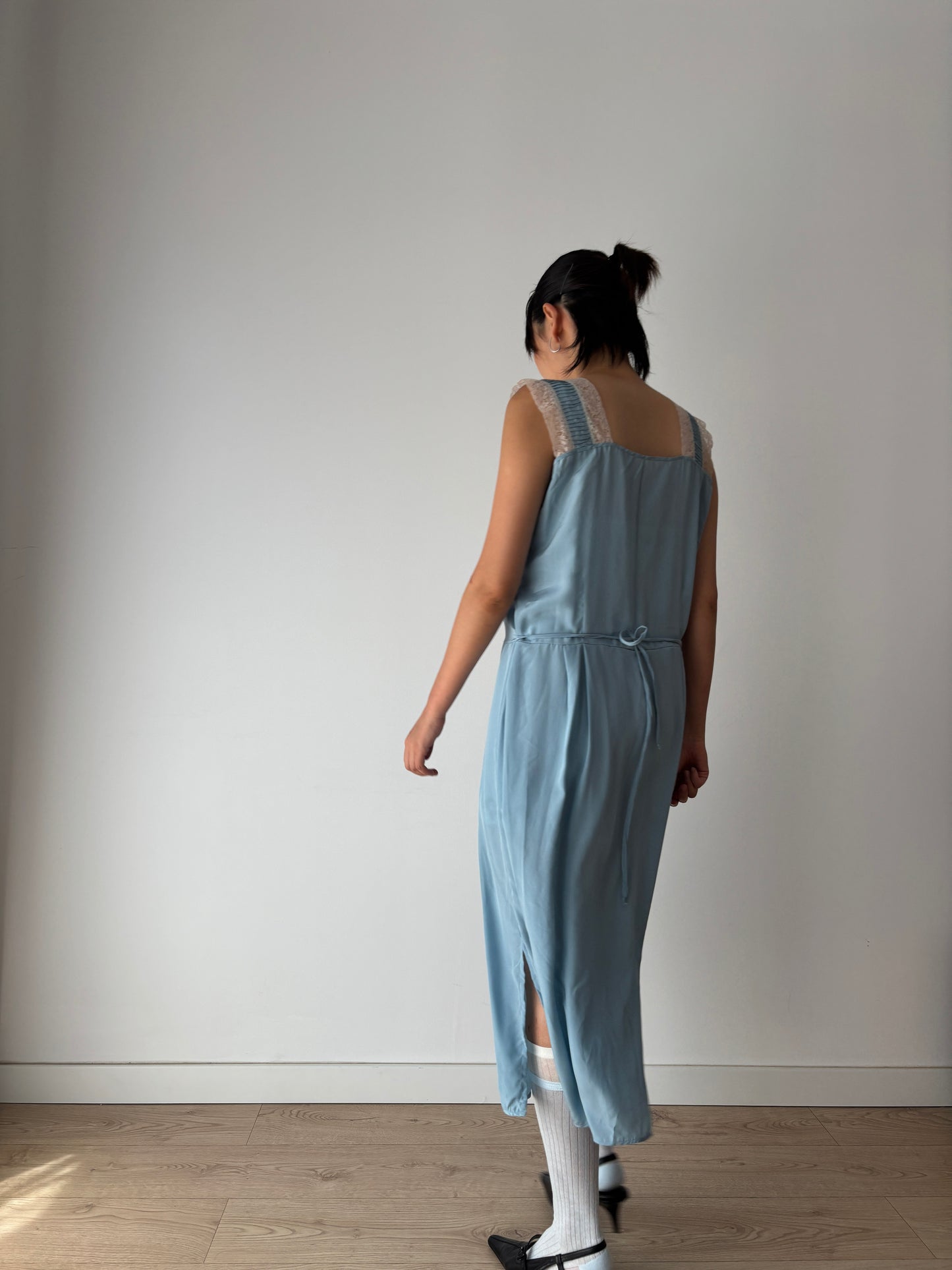 1950s 40s Blue Pure Silk Chiffon Nightgown 2 Piece Set / Robe and Slip Dress Lingerie Set,