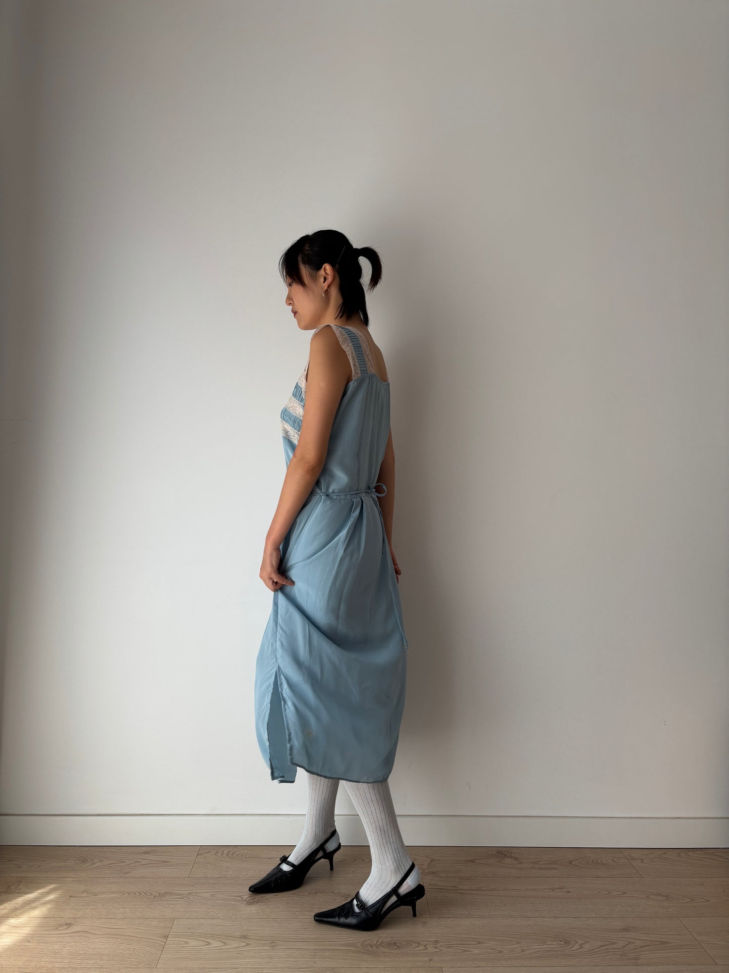 1950s 40s Blue Pure Silk Chiffon Nightgown 2 Piece Set / Robe and Slip Dress Lingerie Set,