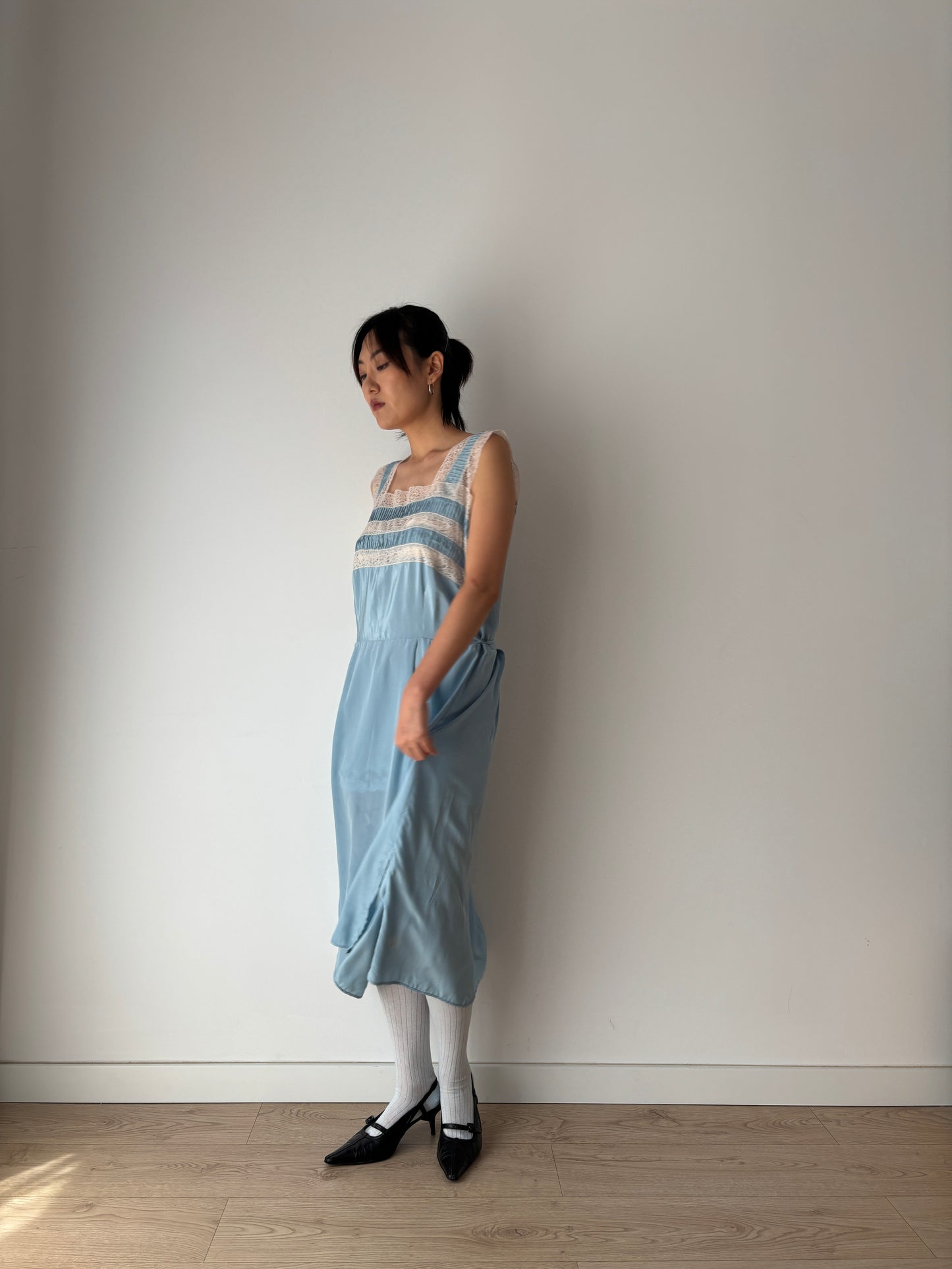 1950s 40s Blue Pure Silk Chiffon Nightgown 2 Piece Set / Robe and Slip Dress Lingerie Set,