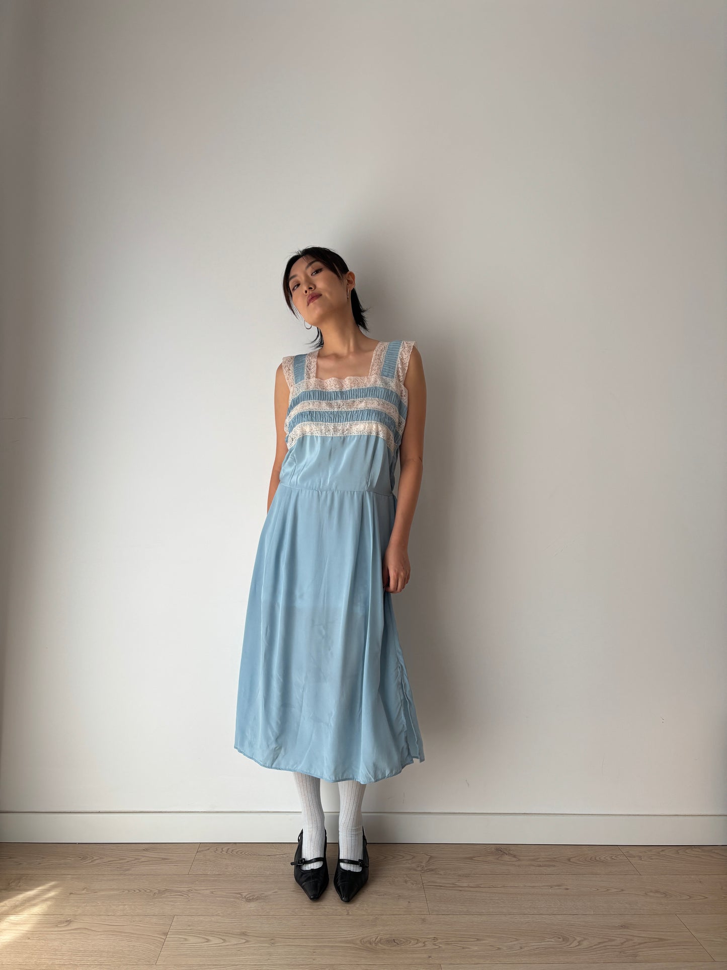 1950s 40s Blue Pure Silk Chiffon Nightgown 2 Piece Set / Robe and Slip Dress Lingerie Set,