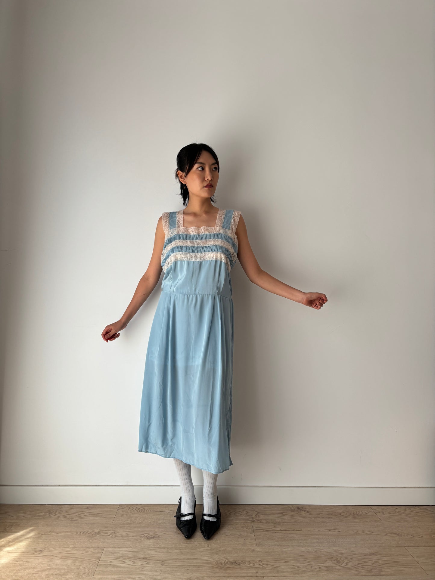 1950s 40s Blue Pure Silk Chiffon Nightgown 2 Piece Set / Robe and Slip Dress Lingerie Set,