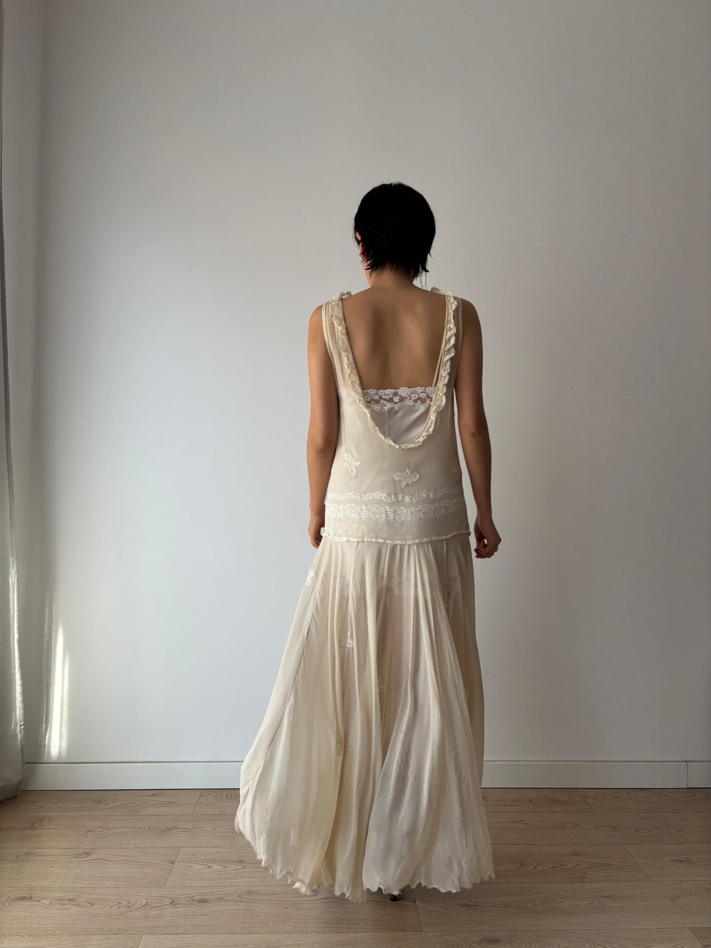1930s White Silk Chiffon Gown: Rare Hand-Embroidered Appliqué with Green Leaves & Yellow Flowers