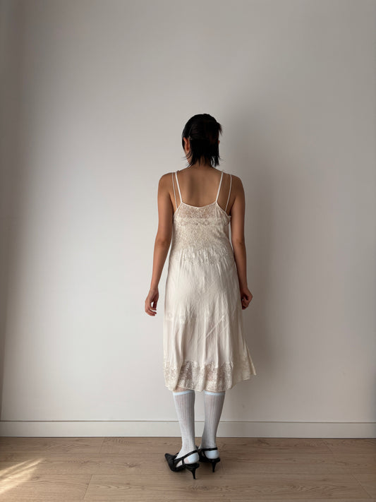 1930s Bridal Antique White Lace Liquid Silk Satin Crepe Slip dress, Vintage lace mini dress