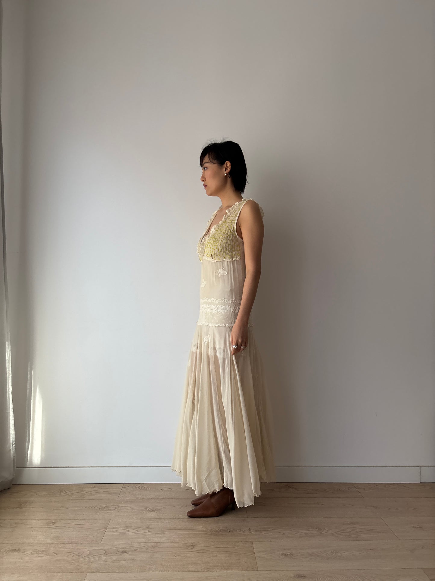 1930s White Silk Chiffon Gown: Rare Hand-Embroidered Appliqué with Green Leaves & Yellow Flowers