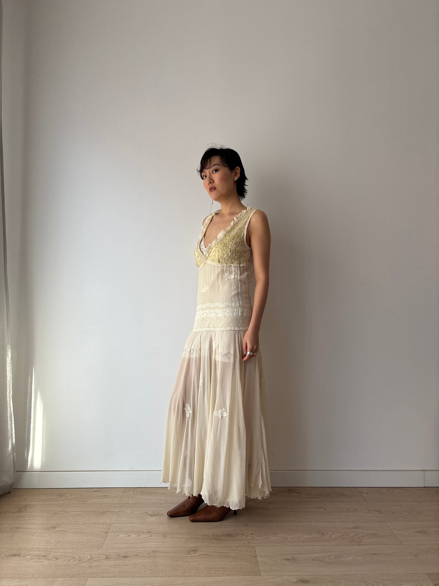 1930s White Silk Chiffon Gown: Rare Hand-Embroidered Appliqué with Green Leaves & Yellow Flowers