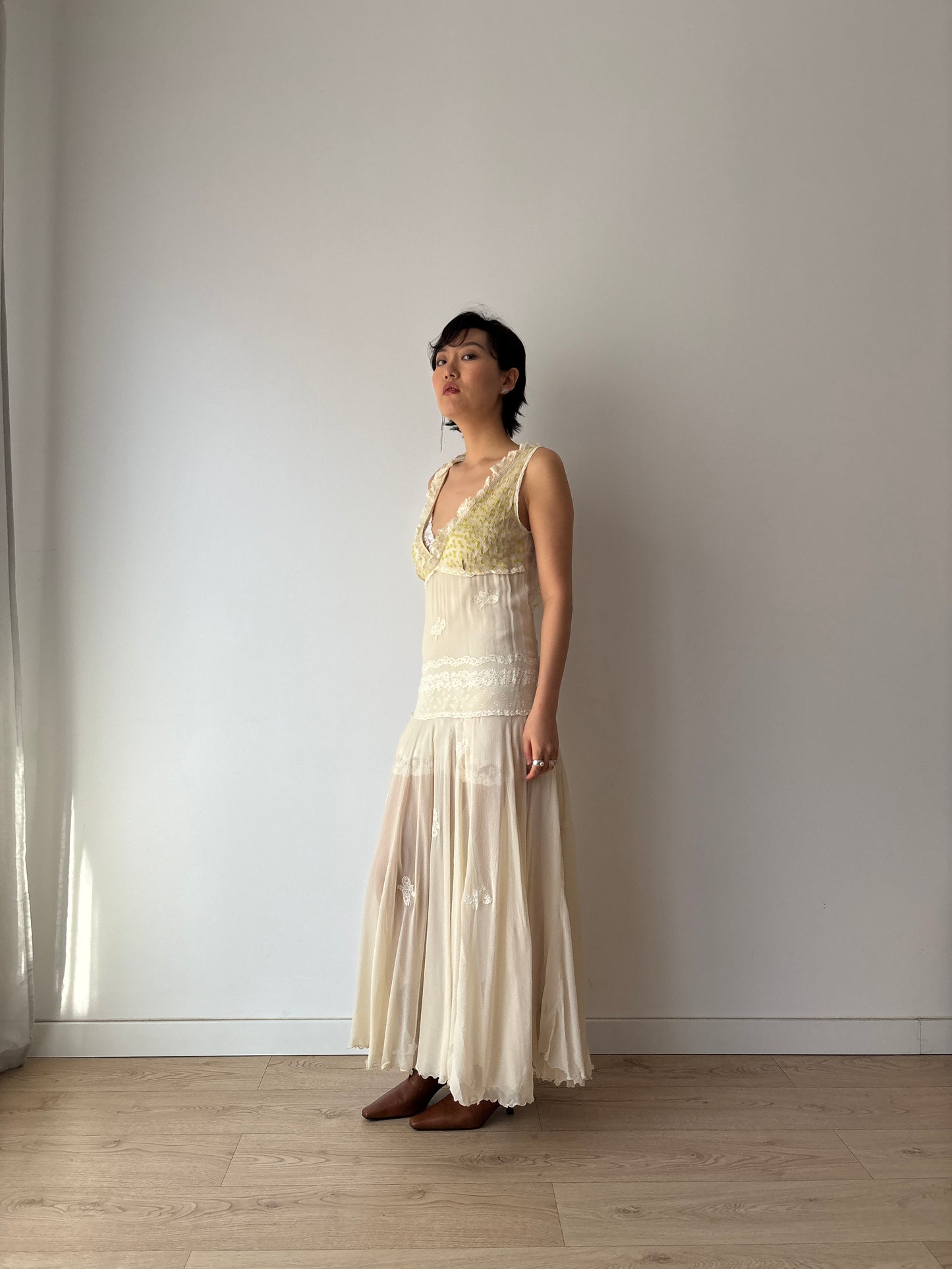 1930s White Silk Chiffon Gown: Rare Hand-Embroidered Appliqué with Green Leaves & Yellow Flowers