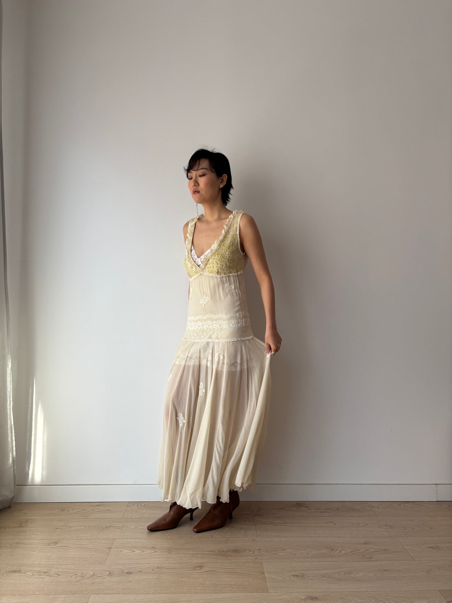 1930s White Silk Chiffon Gown: Rare Hand-Embroidered Appliqué with Green Leaves & Yellow Flowers