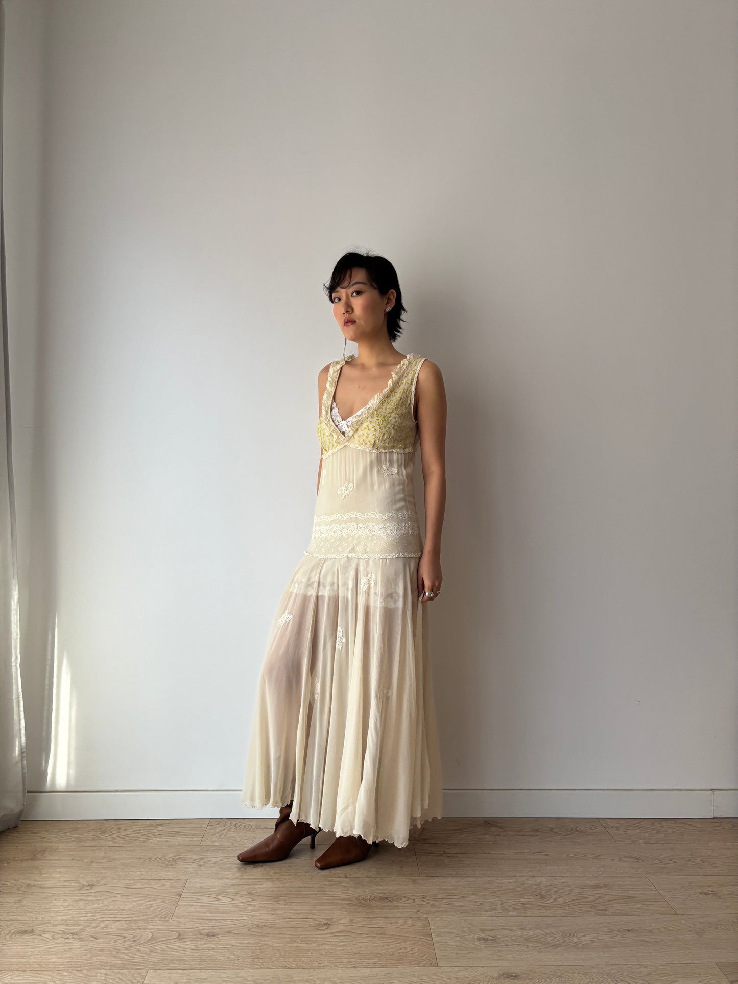 1930s White Silk Chiffon Gown: Rare Hand-Embroidered Appliqué with Green Leaves & Yellow Flowers