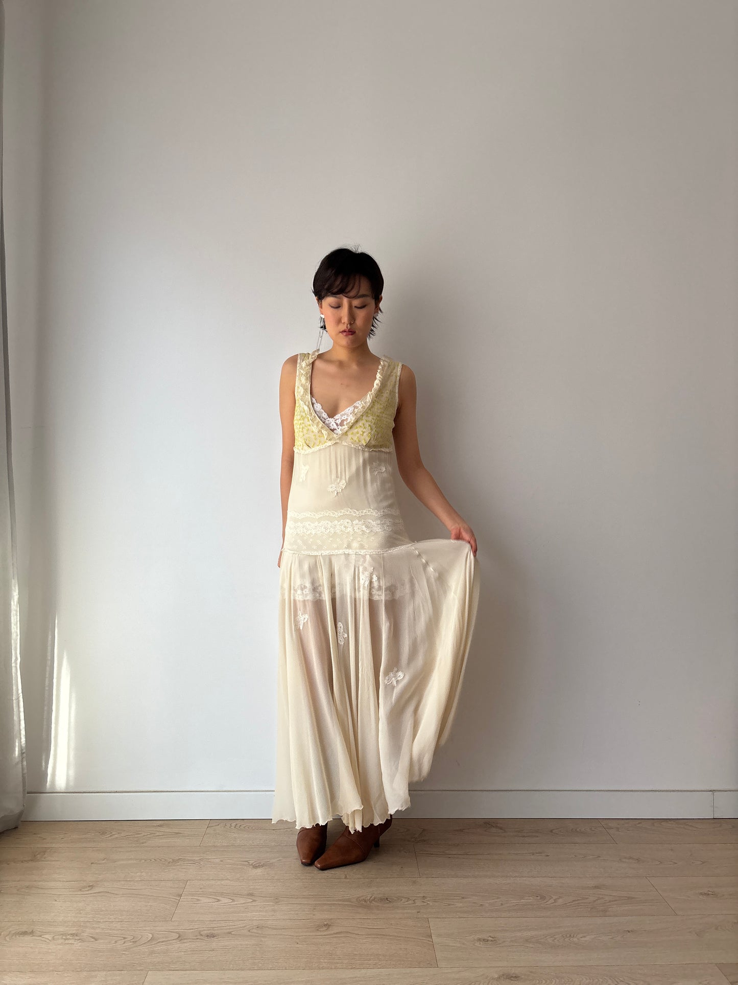 1930s White Silk Chiffon Gown: Rare Hand-Embroidered Appliqué with Green Leaves & Yellow Flowers