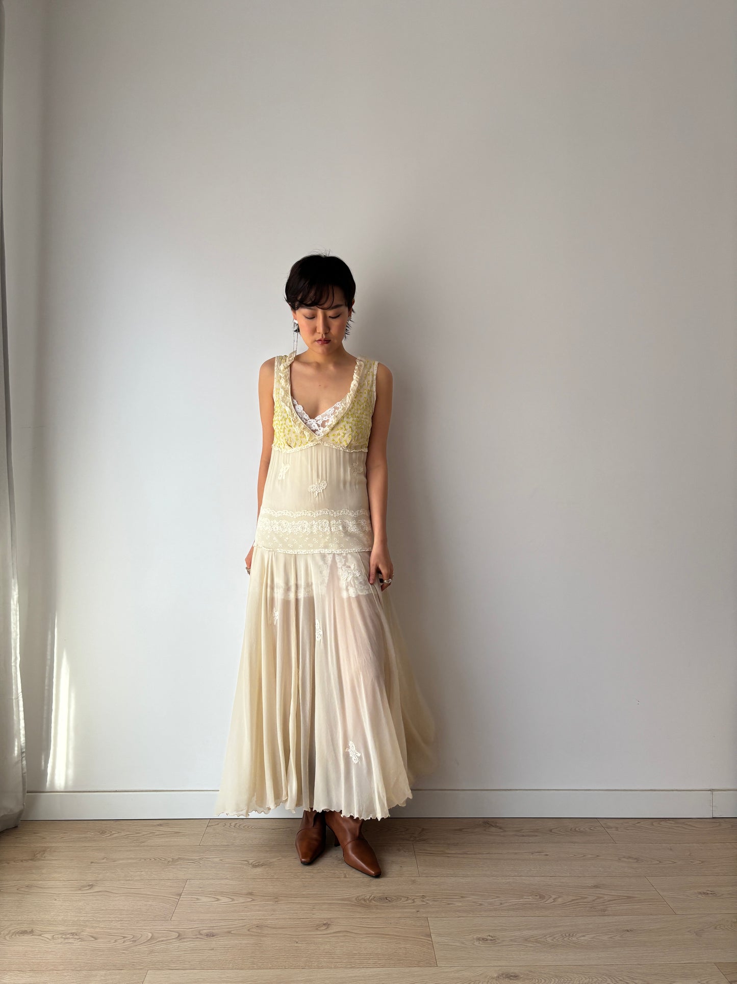 1930s White Silk Chiffon Gown: Rare Hand-Embroidered Appliqué with Green Leaves & Yellow Flowers