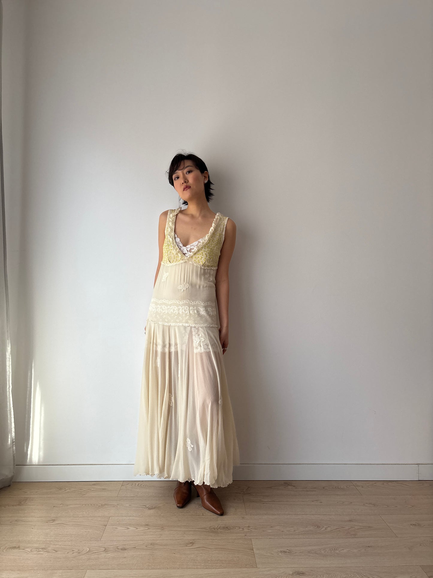 1930s White Silk Chiffon Gown: Rare Hand-Embroidered Appliqué with Green Leaves & Yellow Flowers