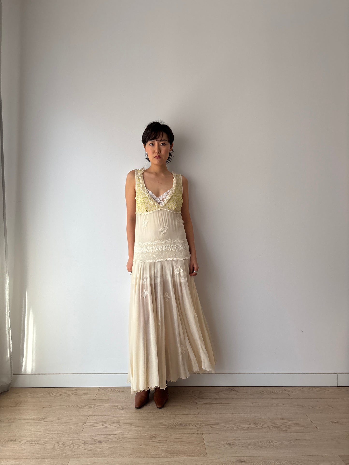 1930s White Silk Chiffon Gown: Rare Hand-Embroidered Appliqué with Green Leaves & Yellow Flowers