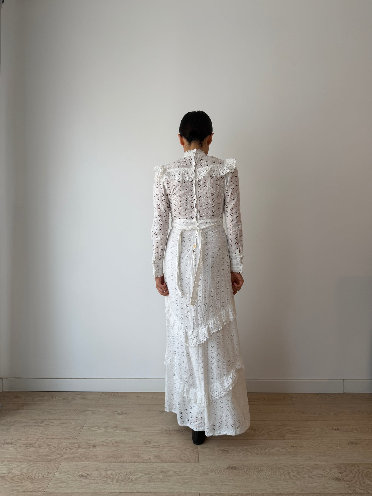 Vintage 1970s White Cotton Edwardian Style Revival Dress, Romantic Prairie Maxi Gown