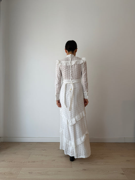 Vintage 1970s White Cotton Edwardian Style Revival Dress, Romantic Prairie Maxi Gown