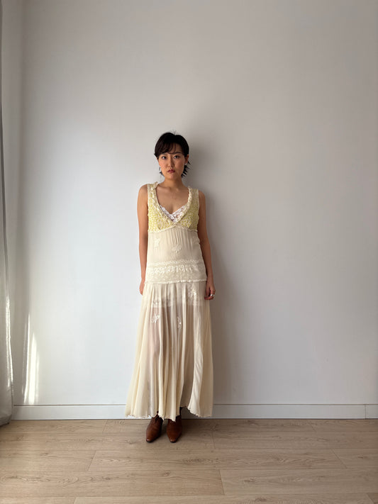 1930s White Silk Chiffon Gown: Rare Hand-Embroidered Appliqué with Green Leaves & Yellow Flowers