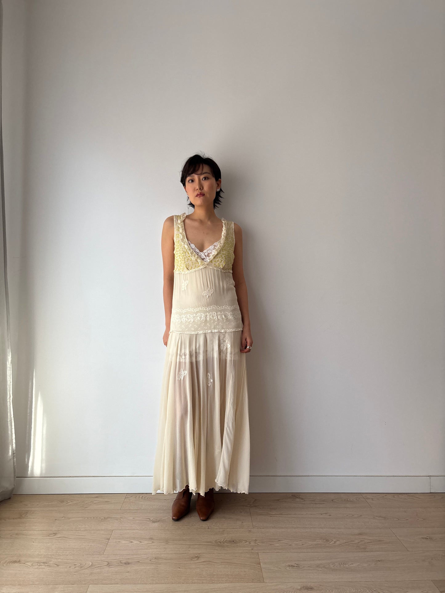 1930s White Silk Chiffon Gown: Rare Hand-Embroidered Appliqué with Green Leaves & Yellow Flowers