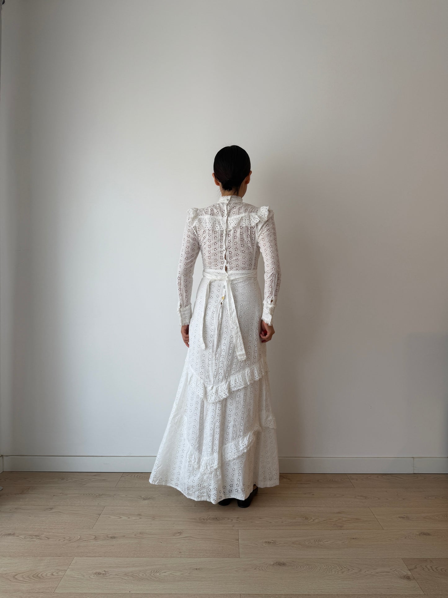 Vintage 1970s White Cotton Edwardian Style Revival Dress, Romantic Prairie Maxi Gown