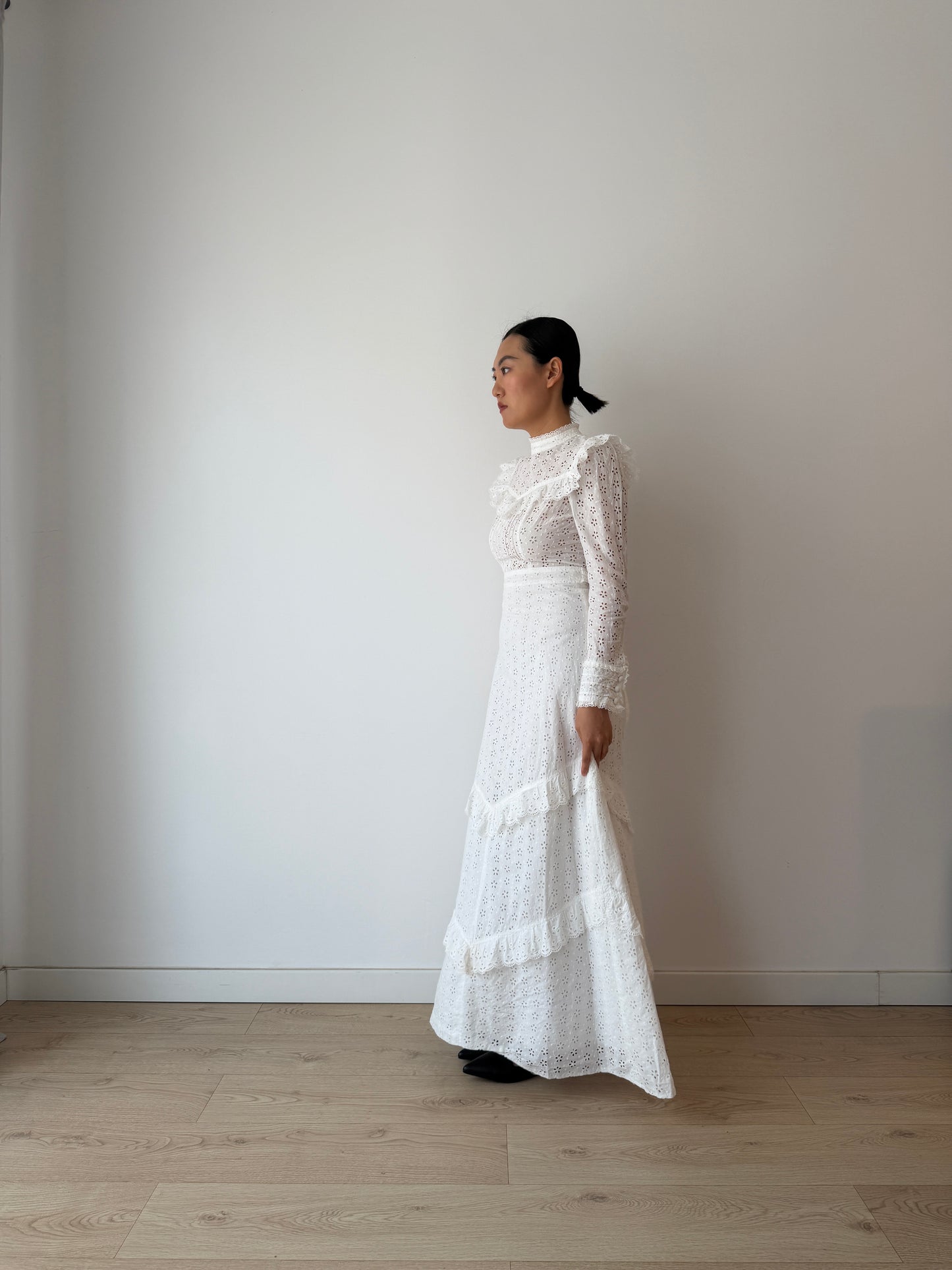 Vintage 1970s White Cotton Edwardian Style Revival Dress, Romantic Prairie Maxi Gown