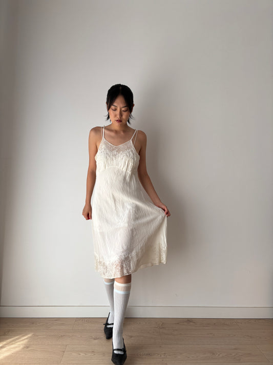 1930s Bridal Antique White Lace Liquid Silk Satin Crepe Slip dress, Vintage lace mini dress