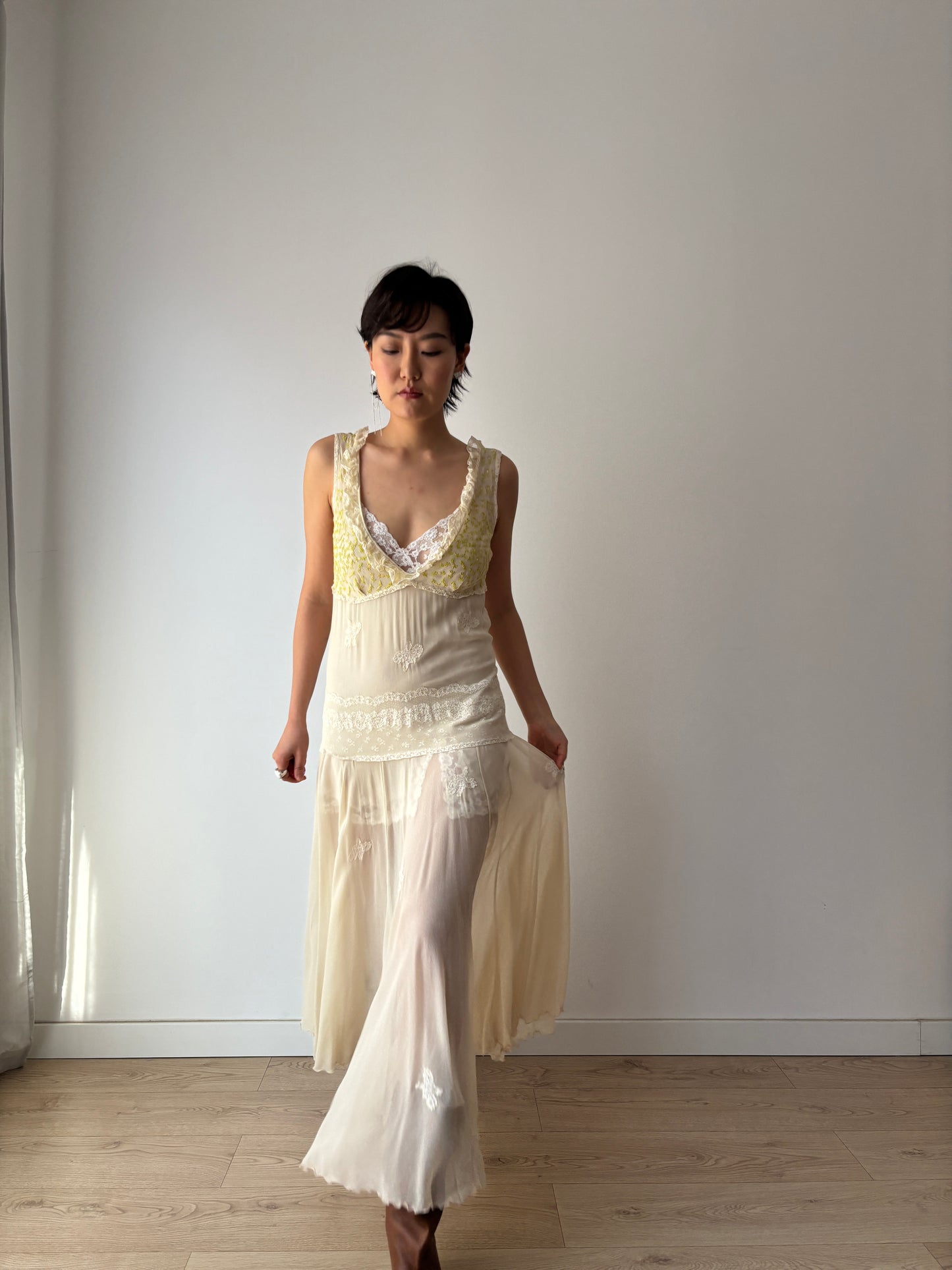 1930s White Silk Chiffon Gown: Rare Hand-Embroidered Appliqué with Green Leaves & Yellow Flowers