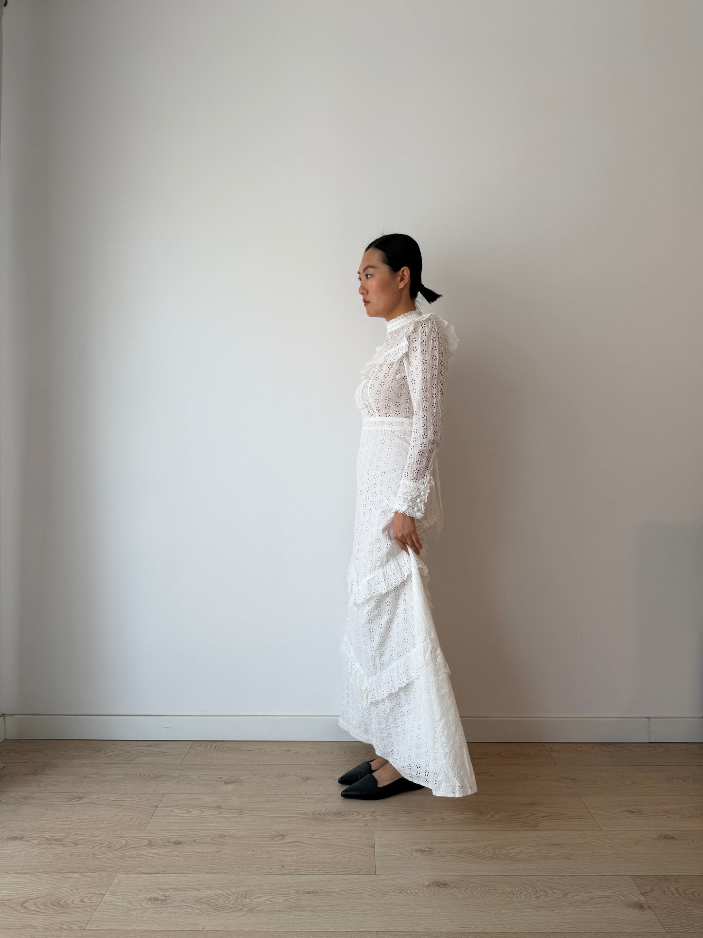 Vintage 1970s White Cotton Edwardian Style Revival Dress, Romantic Prairie Maxi Gown
