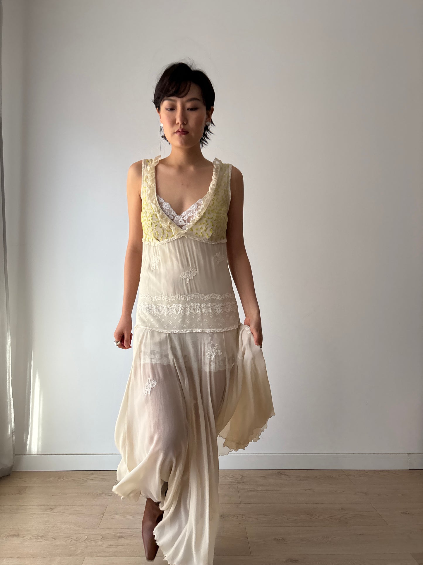 1930s White Silk Chiffon Gown: Rare Hand-Embroidered Appliqué with Green Leaves & Yellow Flowers