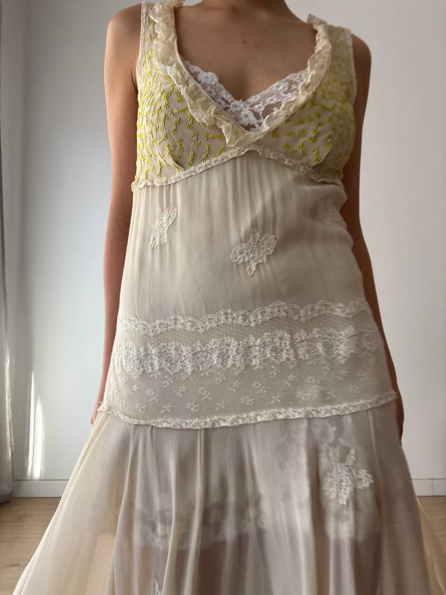 1930s White Silk Chiffon Gown: Rare Hand-Embroidered Appliqué with Green Leaves & Yellow Flowers