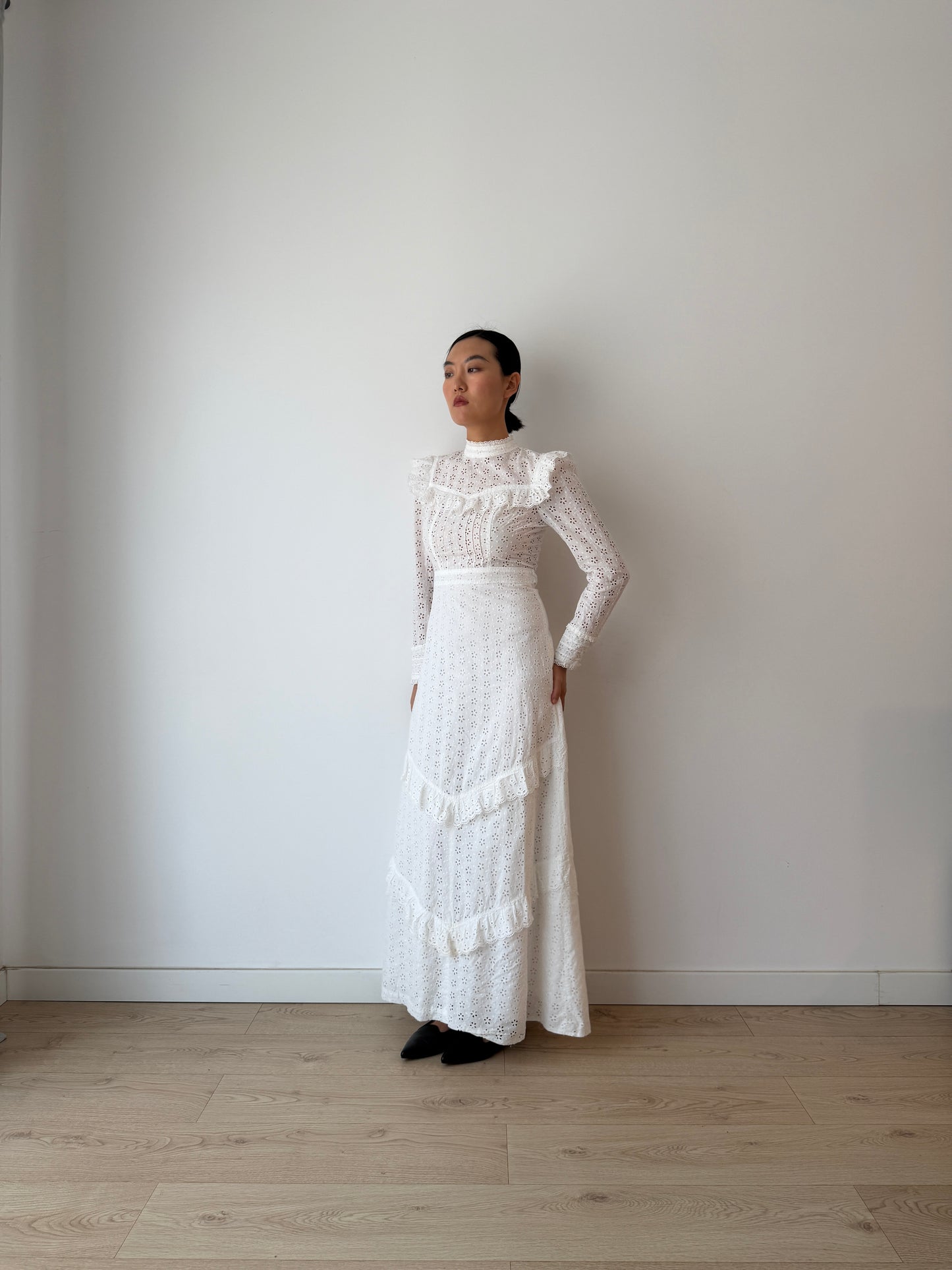 Vintage 1970s White Cotton Edwardian Style Revival Dress, Romantic Prairie Maxi Gown