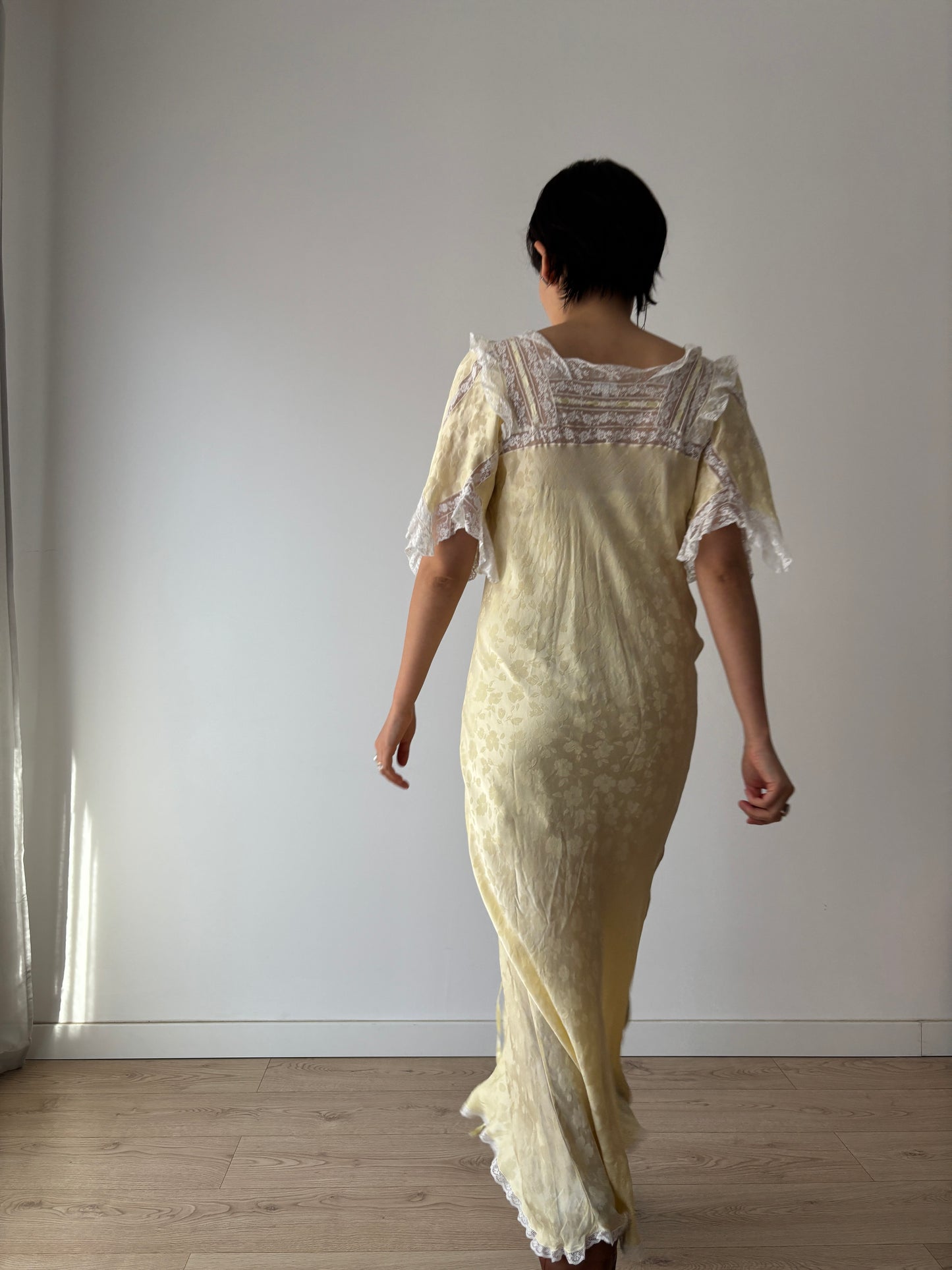 Vintage Yellow Silk Chemise: Floral & Bow Embroidery, Tonal Floral Pattern