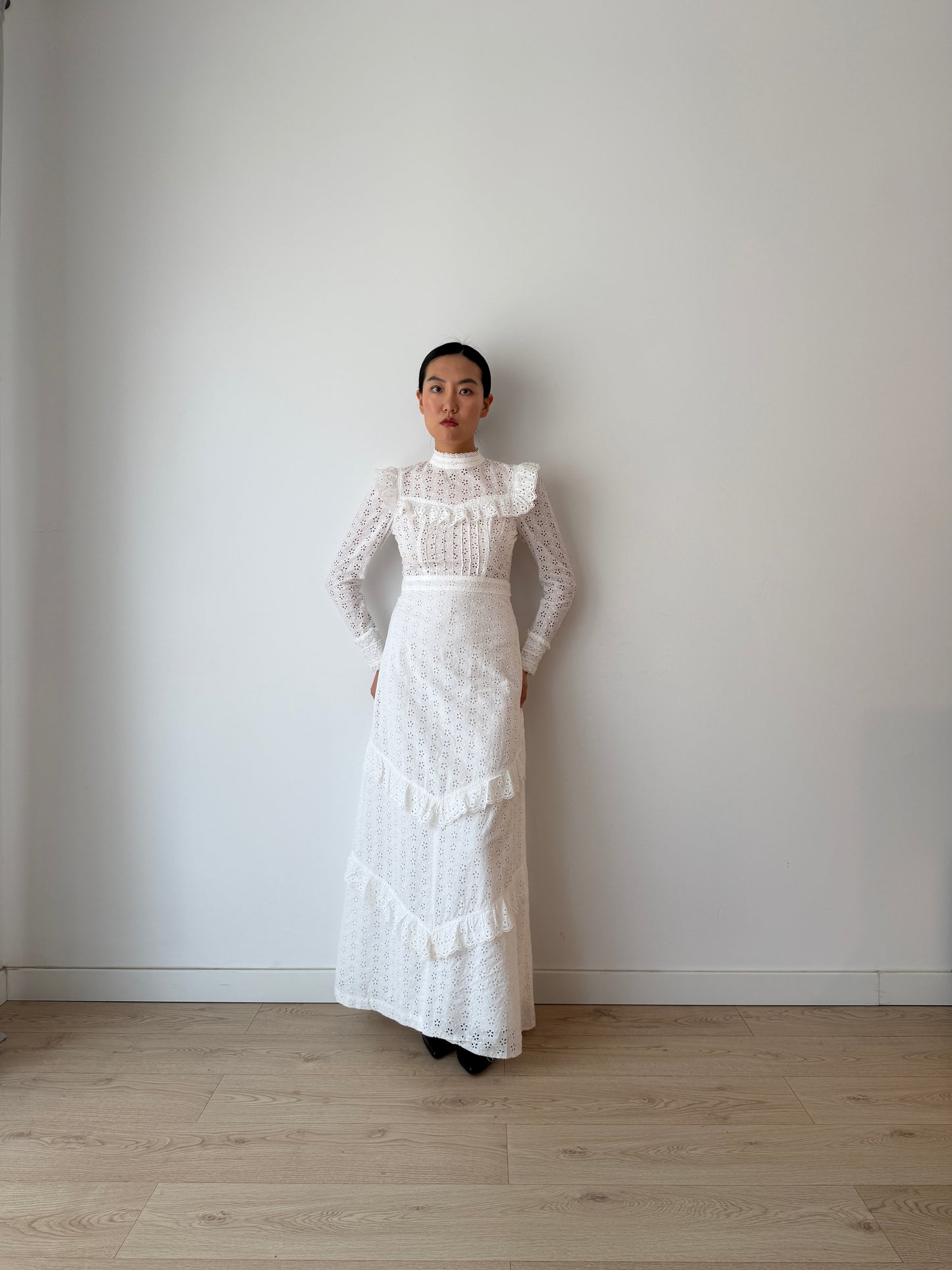Vintage 1970s White Cotton Edwardian Style Revival Dress, Romantic Prairie Maxi Gown