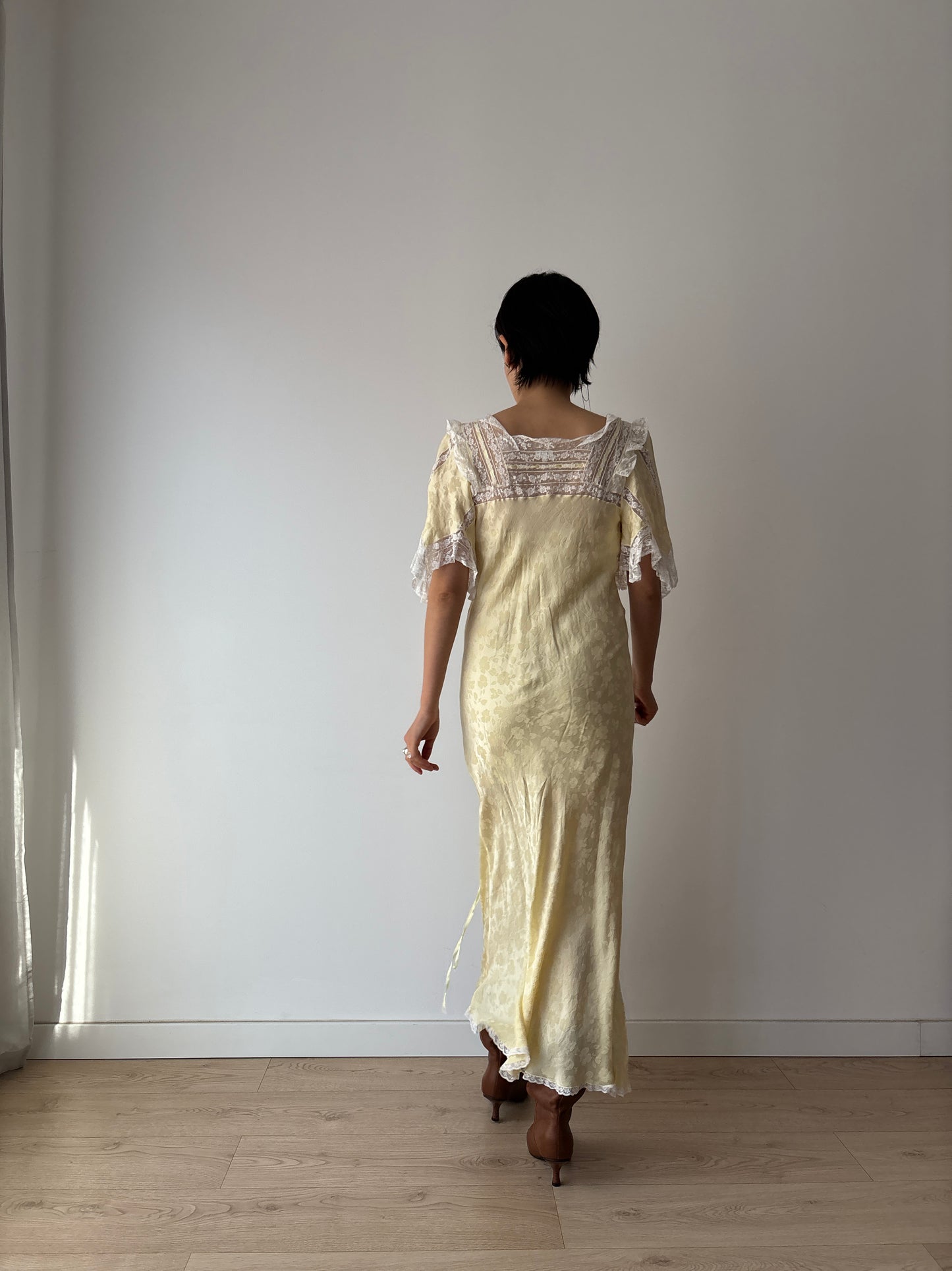 Vintage Yellow Silk Chemise: Floral & Bow Embroidery, Tonal Floral Pattern